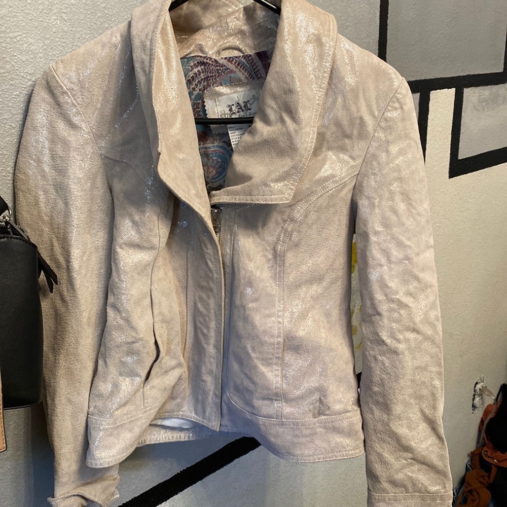 Live A Little White/Gray Leather Jacket Size Small